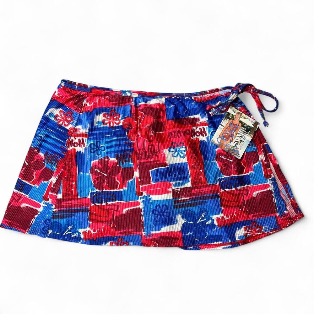 Y2K Catalina Red, Blue, and White Abstract Floral Swim Cover Up Mini Skirt